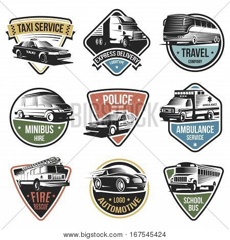 Public and emergency transport logos set of various services with different vehicles on white background isolated vector illustration