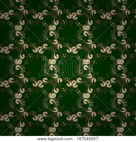 Vintage Seamless Pattern On Green Gradient Background With Golden And Yellow Elements. Radial Gradie