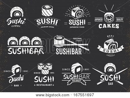 White traditional japanese food emblems set with sushi and chopsticks on dark background isolated vector illustration