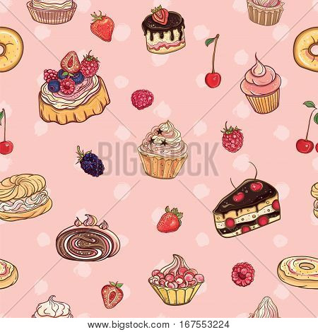 Seamless pattern "Time for sweet". Vector colorful delicious background with cakes pastries cupcakes and donuts on polka dot backdrop.