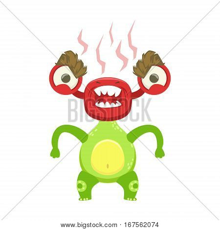 Funny Monster Fuming With Rage, Green Alien Emoji Cartoon Character Sticker. Cute Fantastic Creature Emoticon Flat Vector Illustration