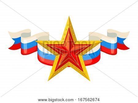 Design element with star and flag ribbon in flat style isolated on white background. Object for 23 february and 9 may. Vector illustration.
