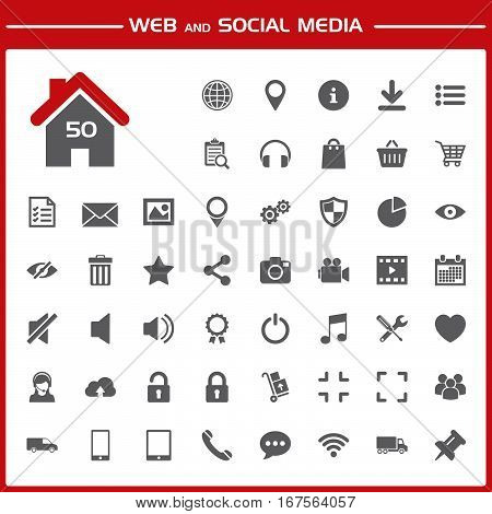 Web and social media icons set on red and white background