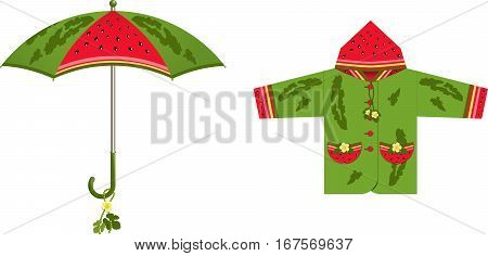 A set of clothes and accessories for rainy weather - umbrella raincoat jacket c decorative inserts watermelon theme