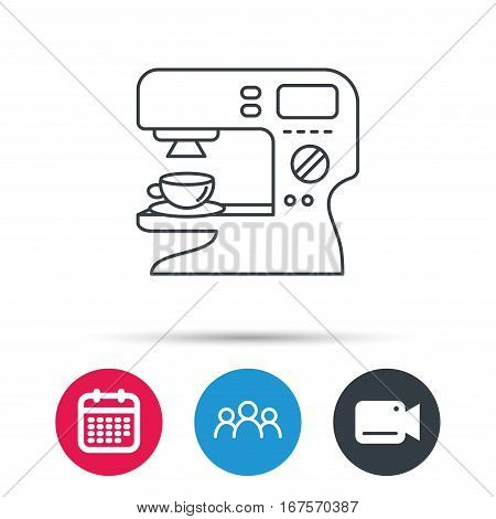 Coffee maker icon. Hot drink machine sign. Group of people, video cam and calendar icons. Vector