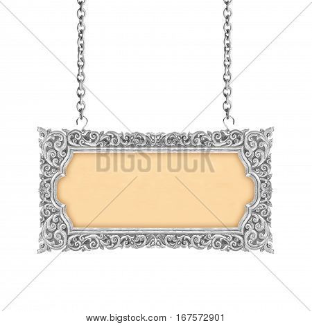 old decorative sign frame with chain - handmade engraved - isolated on white background