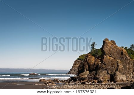 rocks and waves in quiet beach of Ruby Beach of Olympic National Park Washington State USA