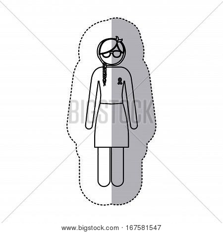 sticker silhouette woman braided hair with ribbon of breast cancer vector illustration