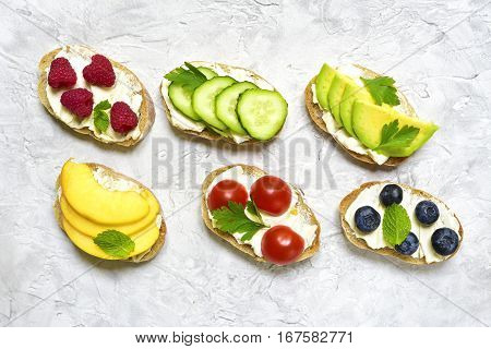 Assortment Of Fruit And Vegetable Toasts.top View.
