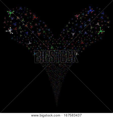 Big Bang fireworks stream. Vector illustration style is flat bright multicolored iconic symbols on a black background. Object double fountain made from random design elements.