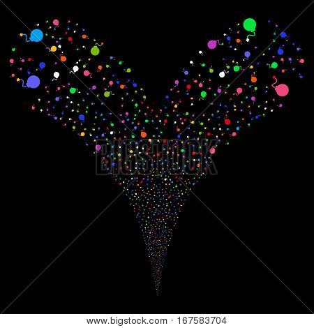 Bomb fireworks stream. Vector illustration style is flat bright multicolored iconic symbols on a black background. Object double fountain combined from random design elements.
