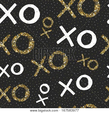Vector valentine's seamless pattern with hand drawn words XOXO. Black background with gold and white elements.