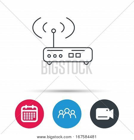Wi-fi router icon. Wifi wireless internet sign. Device with antenna symbol. Group of people, video cam and calendar icons. Vector