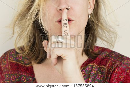 Woman Quiet Shut Up Secret Shh Portrait Concept