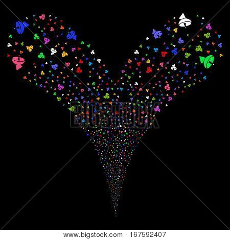 Radio Telescope fireworks stream. Vector illustration style is flat bright multicolored iconic symbols on a black background. Object double fountain organized from random symbols.