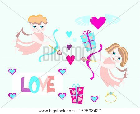 boy and girl angels fly with bow, presents. Valentine day