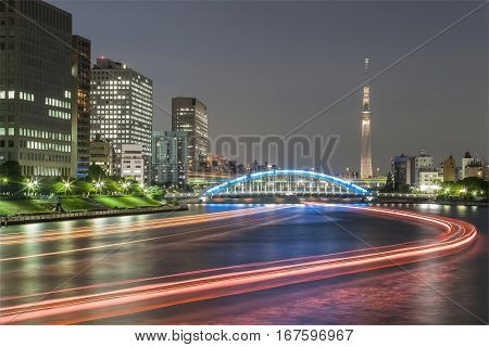 Tokyo Sumida River View With Tokyo Skytree In Evening. The Sumida River Is A River That Flows Throug