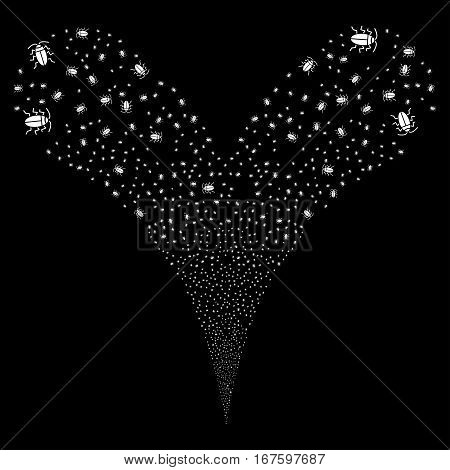 Cucaracha fireworks stream. Vector illustration style is flat white iconic symbols on a black background. Object double fountain made from random pictographs.