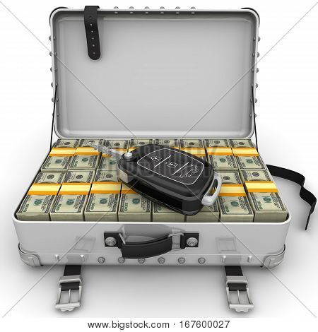 Money to buy a car. Car key is lying on open suitcase filled with packs of US dollars. Isolated. 3D Illustration