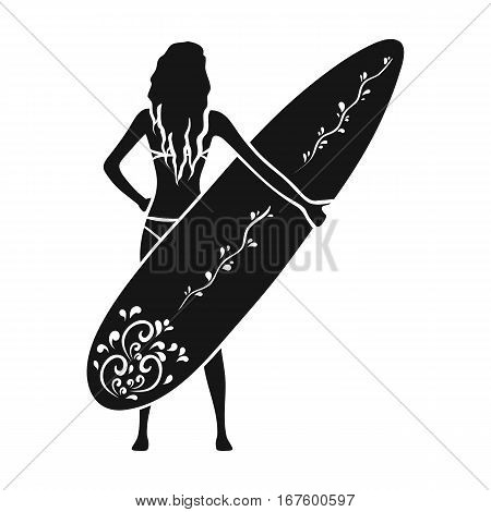 Girl is holding a surfboard icon in black design isolated on white background. Surfing symbol stock vector illustration. - stock vector