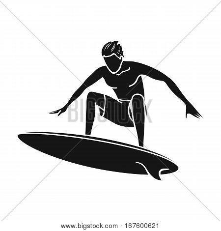 Surfer in action icon in black design isolated on white background. Surfing symbol stock vector illustration. - stock vector