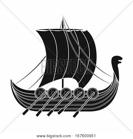 Viking s ship icon in black design isolated on white background. Vikings symbol stock vector illustration. - stock vector