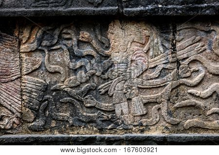 Ancient Mayan Mural Depicting A Warrior Holding A Human Head