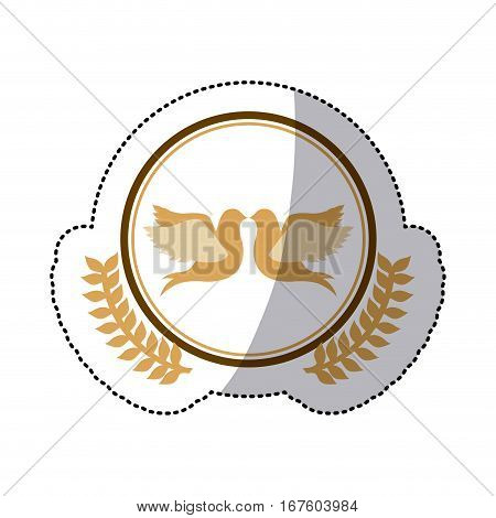 color sticker of pigeons attached by the beak in circle with olive branches vector illustration