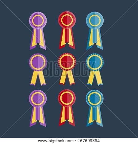 purple, red and blue award rosettes with ribbon on the dark blue background