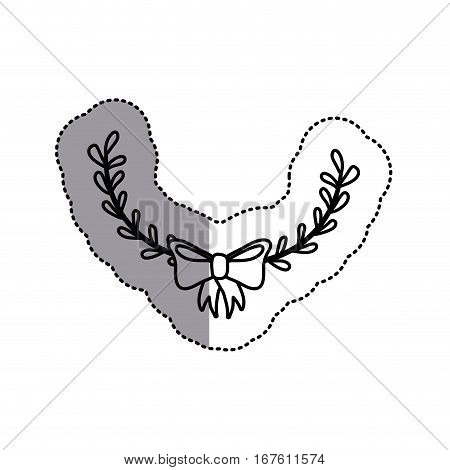 monochrome contour sticker with decorative half crown branch and topknot and middle shadow vector illustration