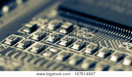 Electronic circuit board. CPU and memory chips