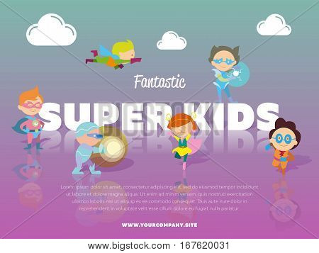 Fantastic super kids banner with children dressed in carnival costumes of superheroes vector illustration. Super hero kids in action, playing and flying. Cute little superhero characters in flat style