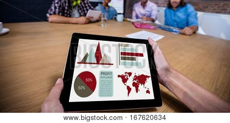 Digital composite image of business presentation against cropped image of man holding digital tablet
