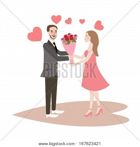 man give bouquet of flowers to girl fall in love couple flat illustration