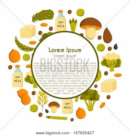 Vector illustration with cartoon source vegan protein background: broccoli chia seeds oats seeds chickpeas avocado tofu soy milk spinach. Vector cartoon healthy diet icons. Healthy food concept