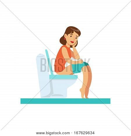 Woman Thinking Sitting On Toilet, Part Of People In The Bathroom Doing Their Routine Hygiene Procedures Series. Person Using Lavatory Room For The Daily Washing And Personal Cleanup Vector Illustration.