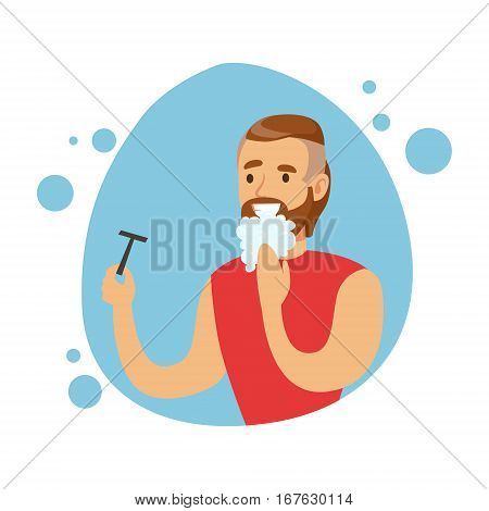 Man Shaving Beard, Part Of People In The Bathroom Doing Their Routine Hygiene Procedures Series. Person Using Lavatory Room For The Daily Washing And Personal Cleanup Vector Illustration.