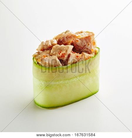 Japanese Sushi - Unagi Gunkan Sushi (Cucumber wrapped Smoked Eel Sushi) on White Background. Cucumber Slice outside