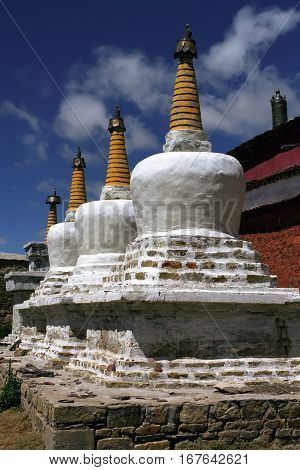Buddhist ritual structures Stupas at the monastery Zhidung Gompa in Western Tibet.