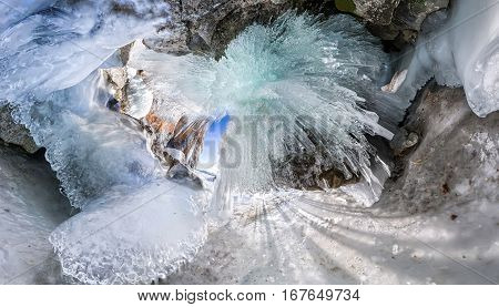 Panorama Dawn In An Ice Cave With Icicles On Baikal, Olkhon