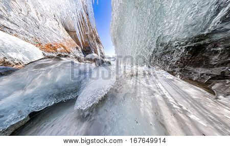 Panorama Dawn In An Ice Cave With Icicles On Baikal, Olkhon