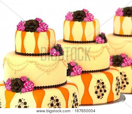 Three tier cake with 3 layer decorated chocolate rose and flowers. Group of three birthday or wedding tired pie orange and yellow slice for event or holidays on white background. Sweet food on dish .