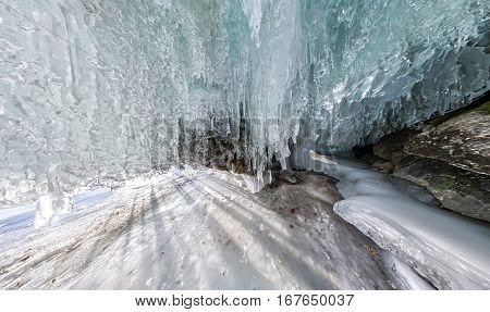 Panorama Dawn In An Ice Cave With Icicles On Baikal, Olkhon