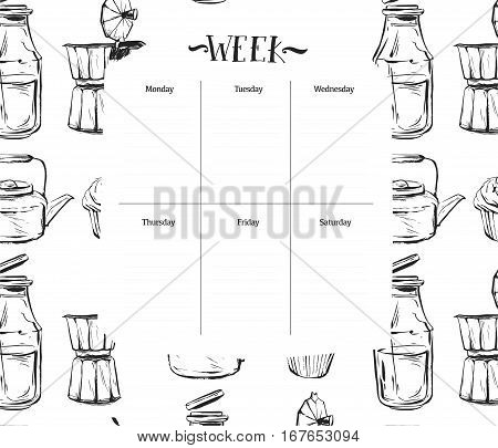 Scandinavian Weekly and Daily food Planner Template.Organizer and Schedule with Notes and To Do List.Vector.Isolated.Graphic kitchen elements in black and white colors.Recipe weekly daily for cooking