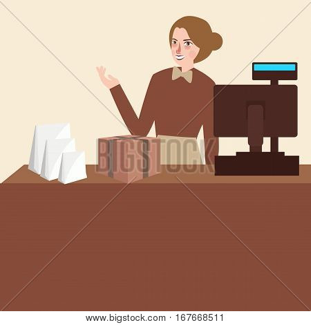 cashier shop assistant standing in front of cash register machine vector
