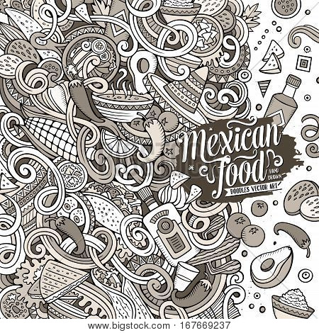 Cartoon cute doodles hand drawn Mexican food frame design. Line art detailed, with lots of objects background. Funny vector illustration. Sketchy border with latin american cusine theme items