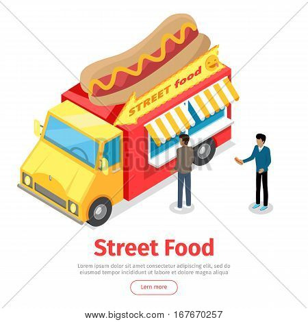 Fast food truck isometric projection style design icon. Street fast food concept. Food trolley with hot dog on the top. Isolated on white background. Sandwiches mobile shop. Vector illustration
