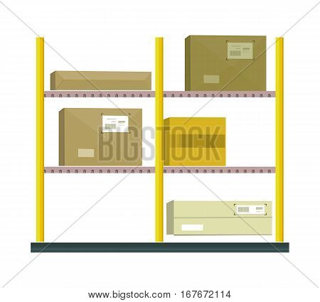 Shelf with cartoon box. Box and cartoon, shelving and carton box, paper box, racks with boxes, cartoon frame, warehouse storage with box, cardboard container, cargo cartoon box illustration in flat