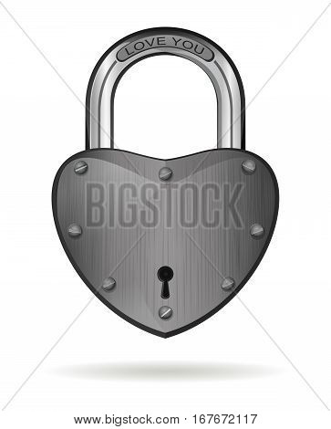 Iron lock in the shape of heart. Romantic design. Metal, iron heart lock. Padlock with the inscription - I love you. Vector illustration isolated on white background
