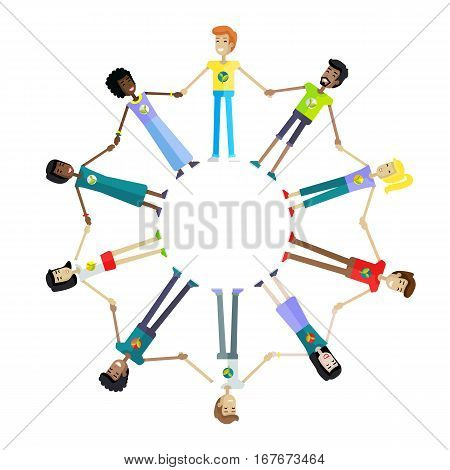 Happy people holding hands around on white background. Men and women holding hands around. People from various ethnic group. Round frame. Isolated object on white background. Vector illustration.